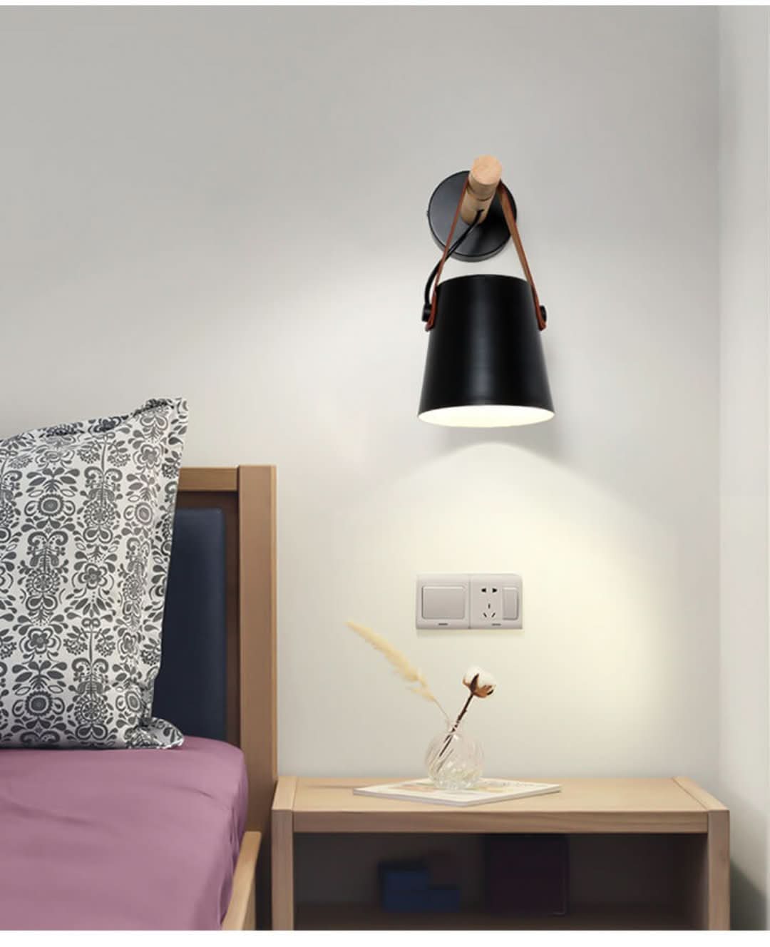 Brazo de madera: lámpara de pared con pantalla de lámpara de hierro y brazo de madera-Wall light-VyFlair