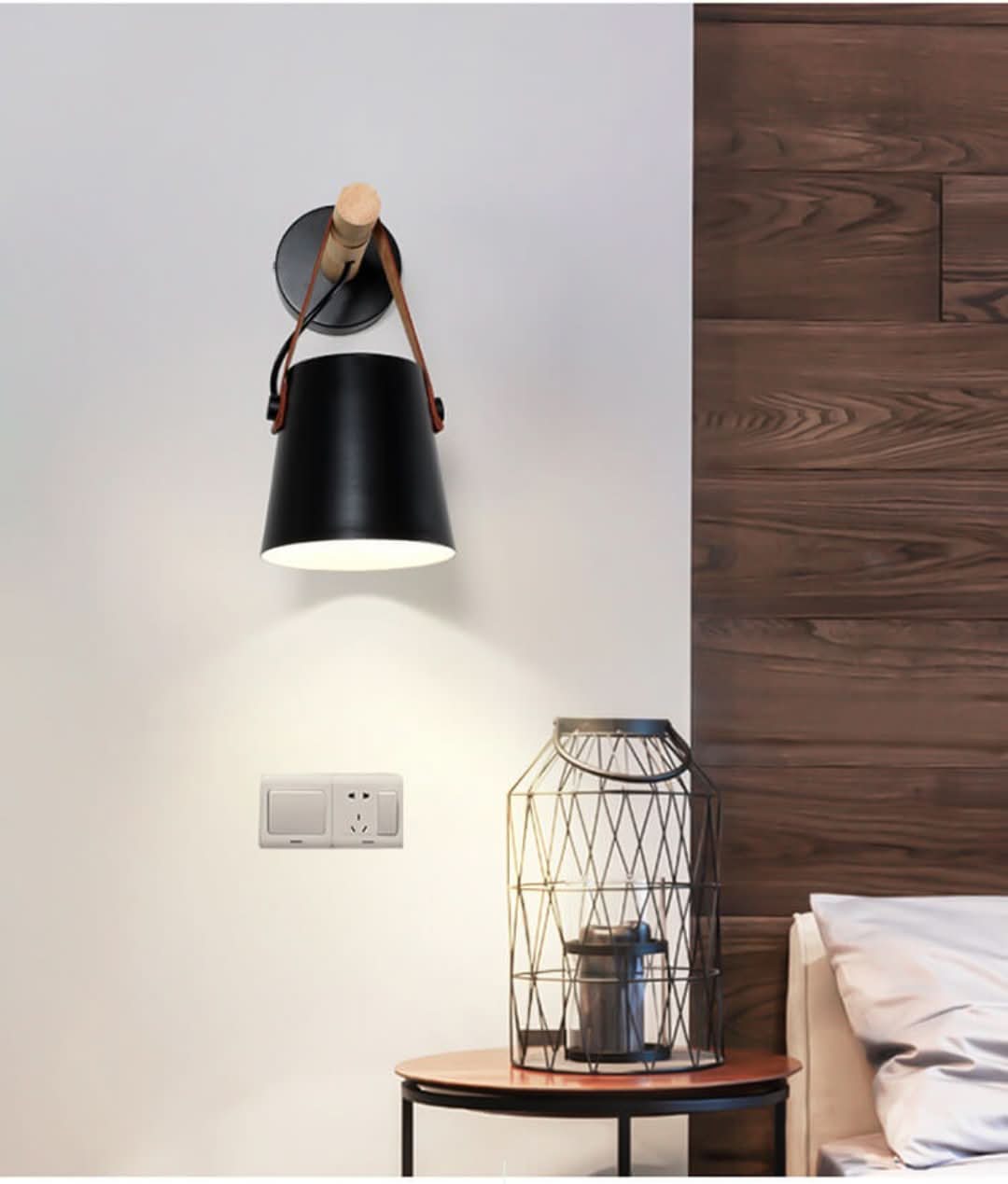 Brazo de madera: lámpara de pared con pantalla de lámpara de hierro y brazo de madera-Wall light-VyFlair