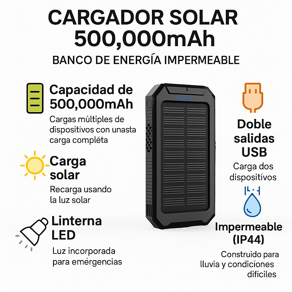 Batería Solar 500000mAh Impermeable Portátil