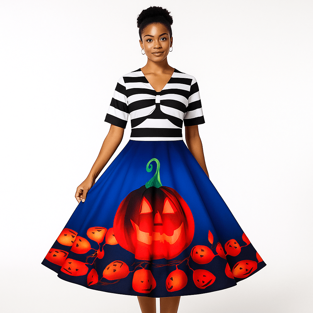 Vestido Midi Vintage de Halloween con Calabazas - VyFlair