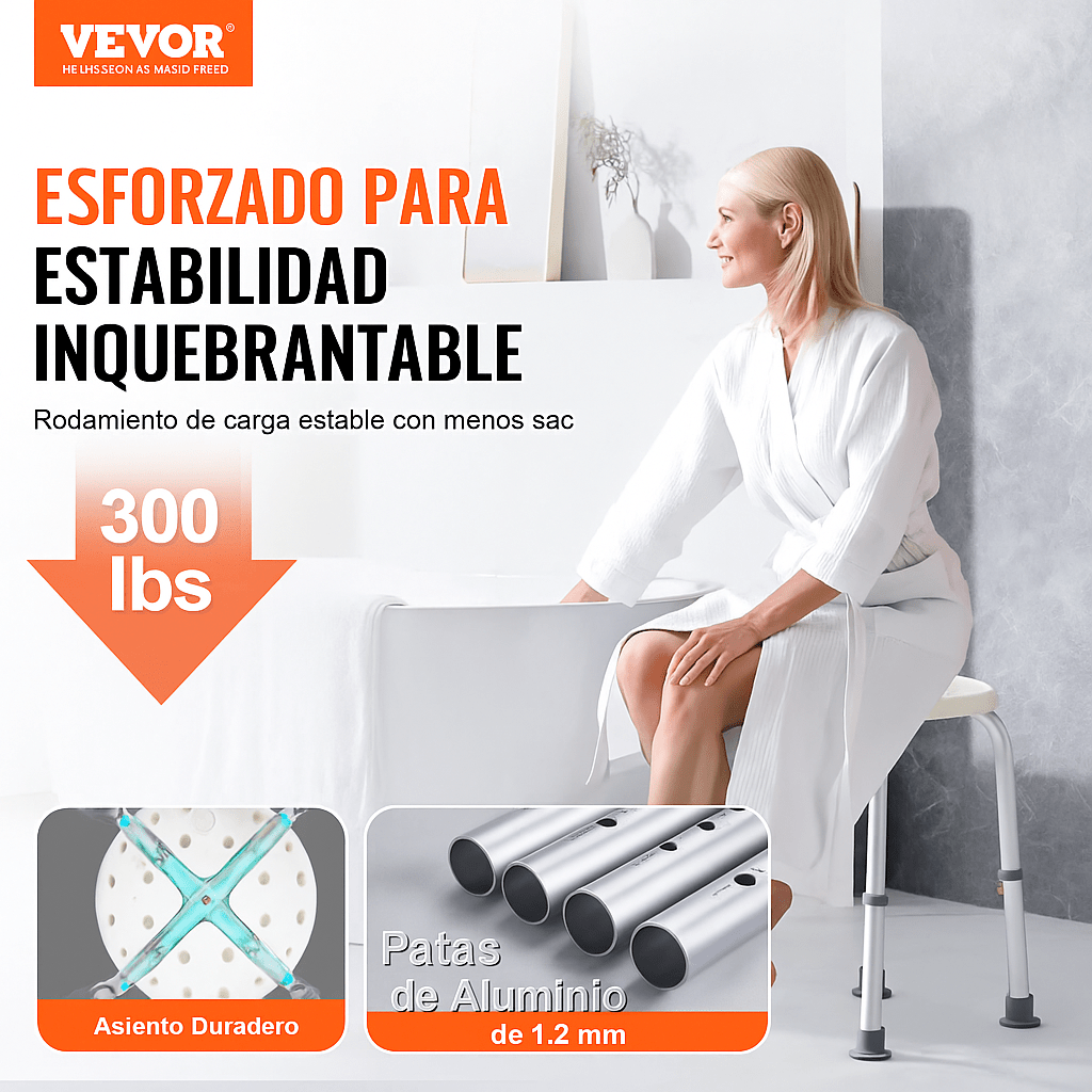 Silla de Ducha Antideslizante Ajustable - Aluminio y PE - Soporta 136 kg - VyFlair