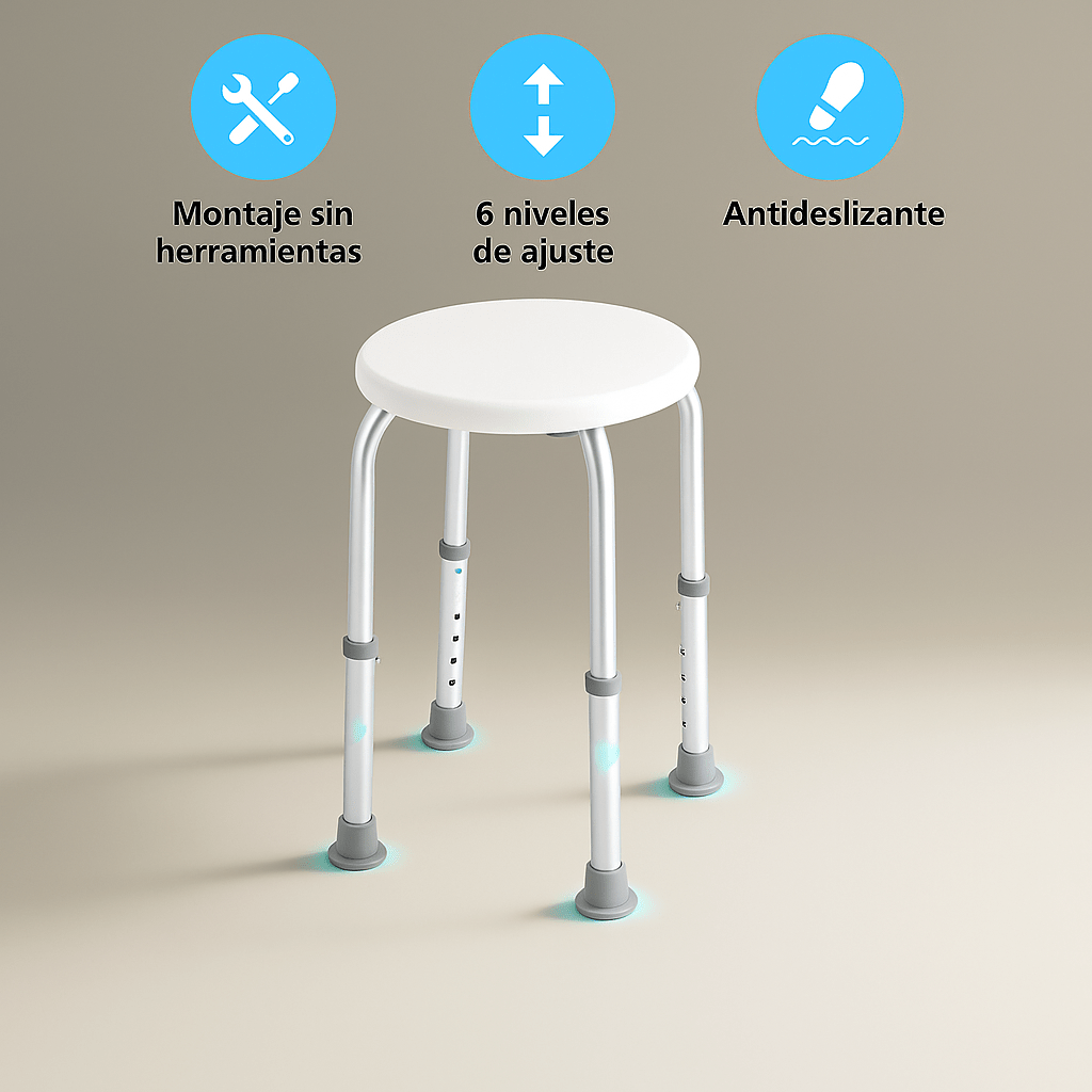 Silla de Ducha Antideslizante Ajustable - Aluminio y PE - Soporta 136 kg - VyFlair