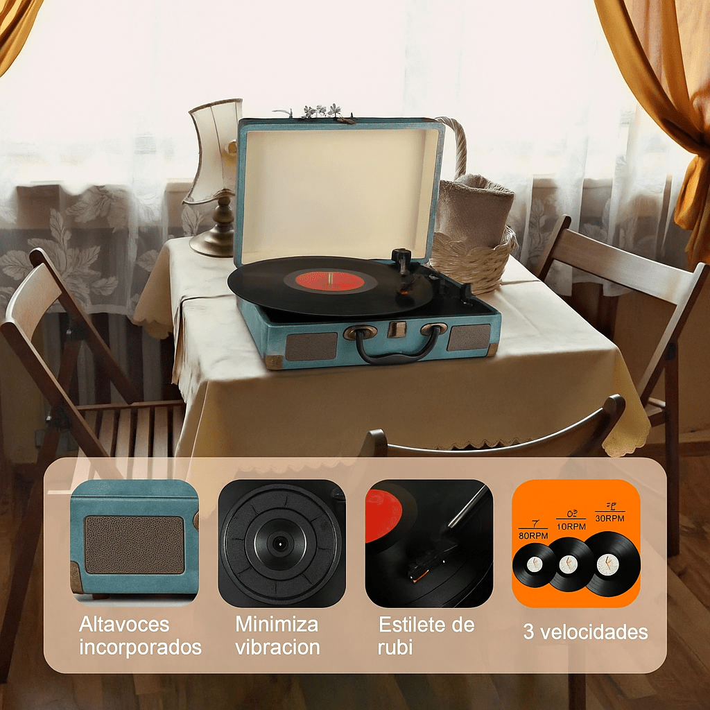 Tocadiscos Vintage Bluetooth 3 Velocidades con Altavoces - VyFlair