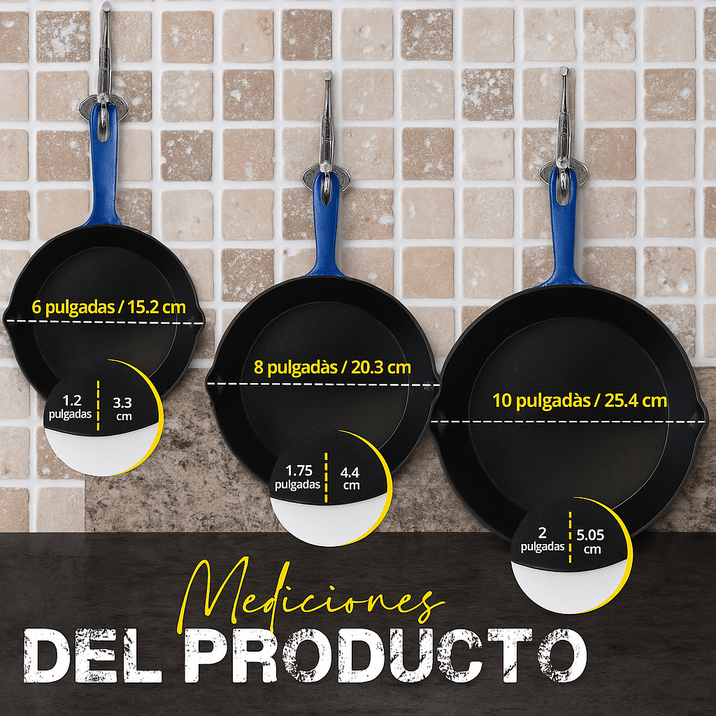 ForgeSet Juego 3 Sartenes Hierro Fundido Profesional - VyFlair