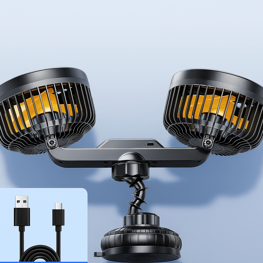 Ventilador Automóvil Doble Cabeza con Ventosa y Batería - VyFlair