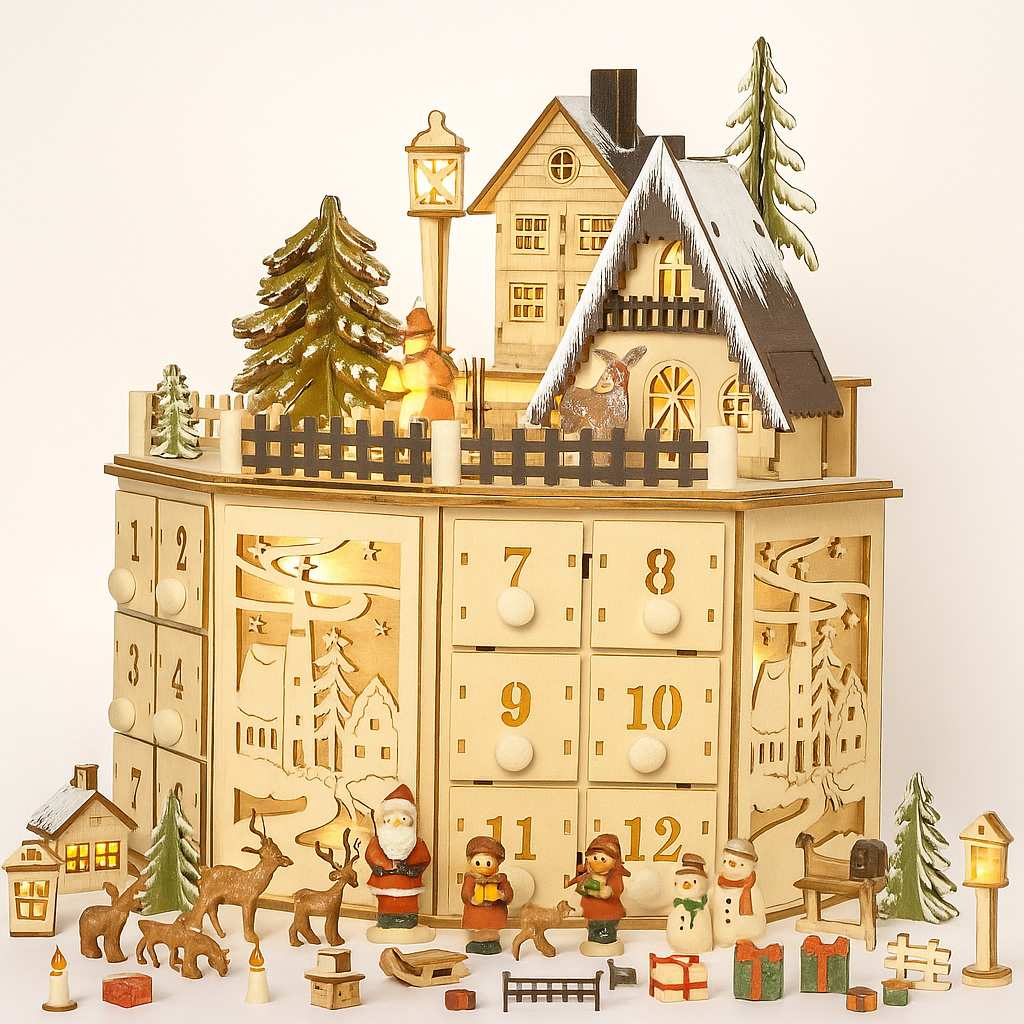 Wooden Advent Calendar with Lights 2025 – Christmas Decoration with Illuminated Village and Countdown Drawers
