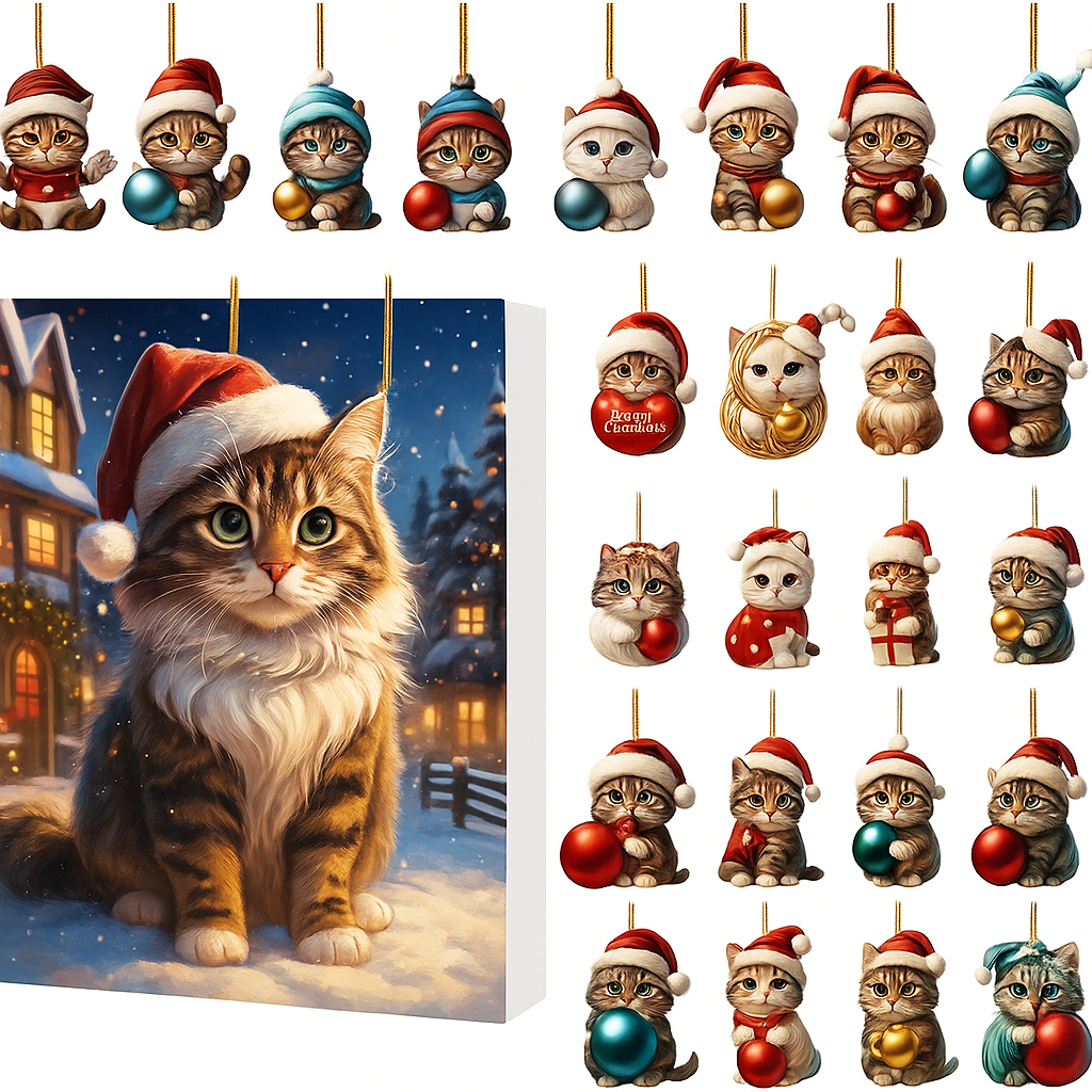 Calendario de Adviento Gatos 2025 – Vintage con 24 Adornos de Acrílico Felinos