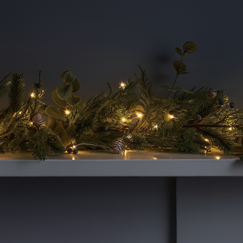 Guirnalda Iluminada LED de Navidad – 2 m con Follaje Realista y Temporizador