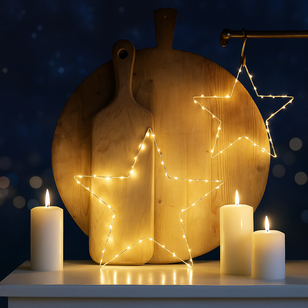 Luz de Estrella LED Navideña – Decoración Colgante con Marco Metálico Blanco