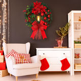 Corona de Navidad con Luces LED – Decoración Festiva con Lazo Rojo Elegante
