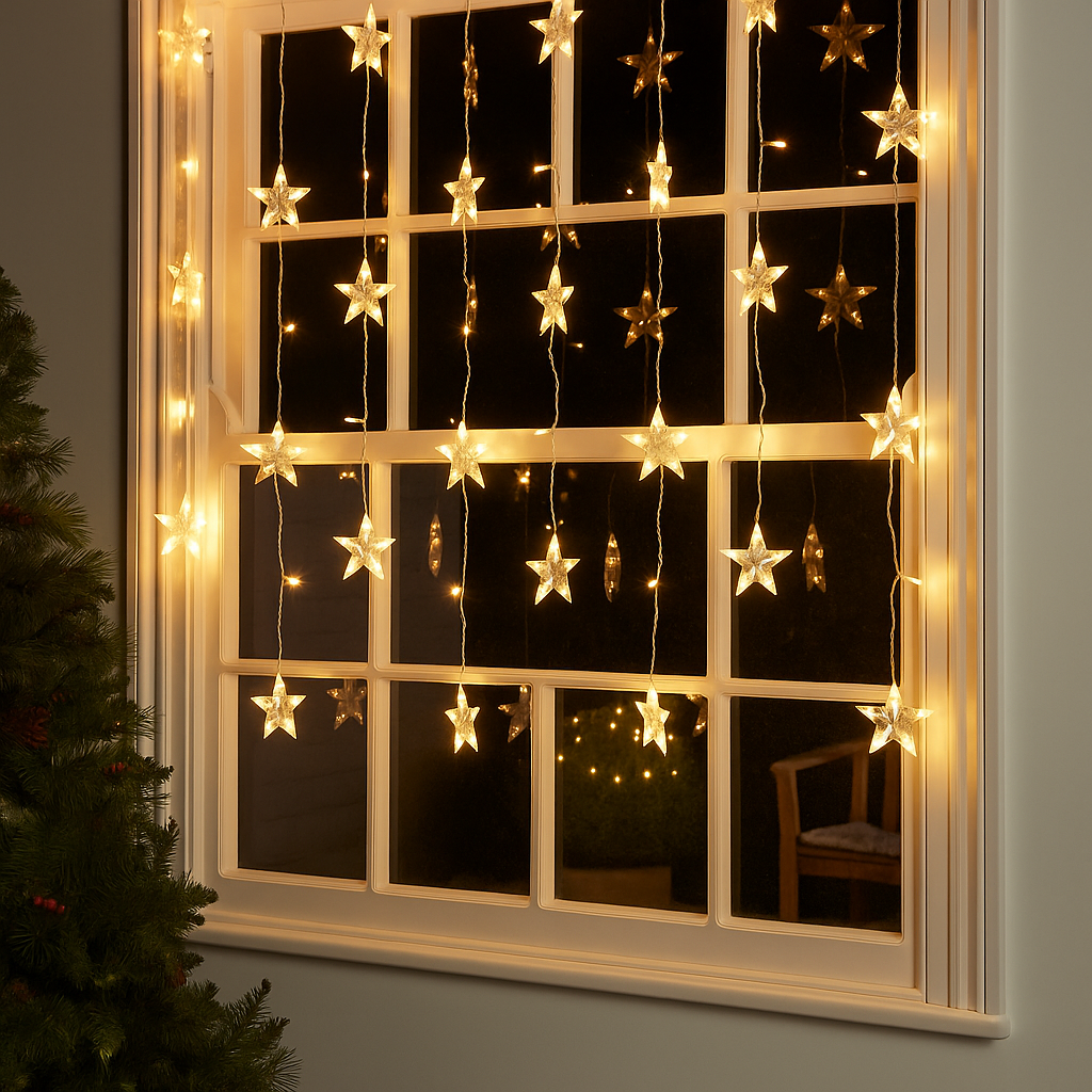 Luces de Cortina Estrella LED – Decoración Navideña Interior con Brillo Cálido y Elegante
