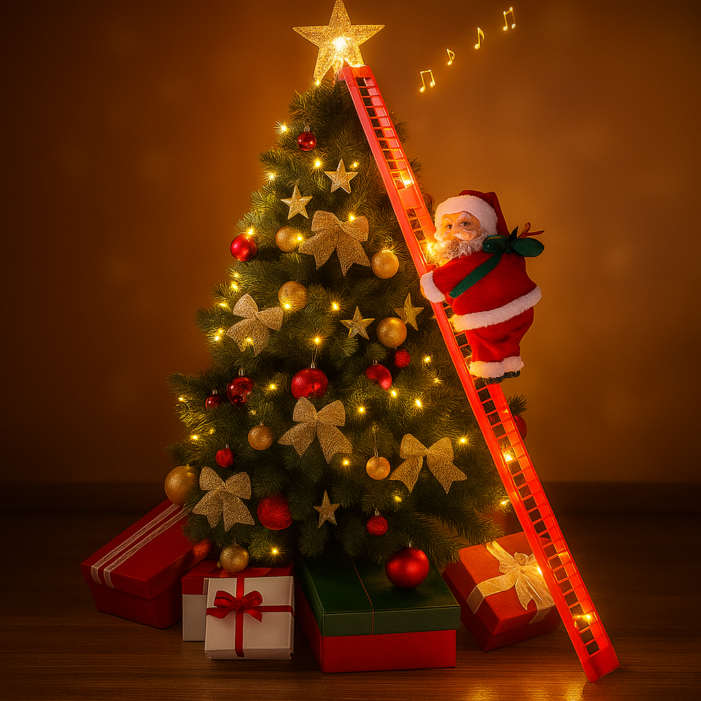 Papá Noel Ascendente Automático – Decoración LED Musical para Árbol de Navidad