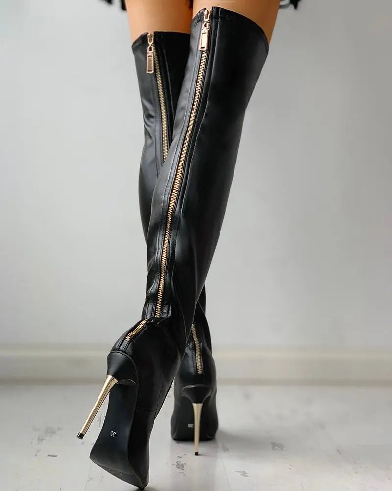 Mara | Botas sobre la rodilla - Tacón dorado - Con cremallera - VyFlair