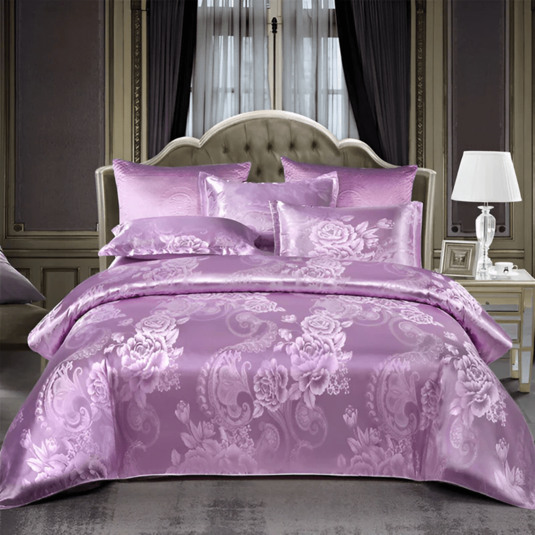 Satin - Funda de edredón de satén blanco con estampado de flores - VyFlair