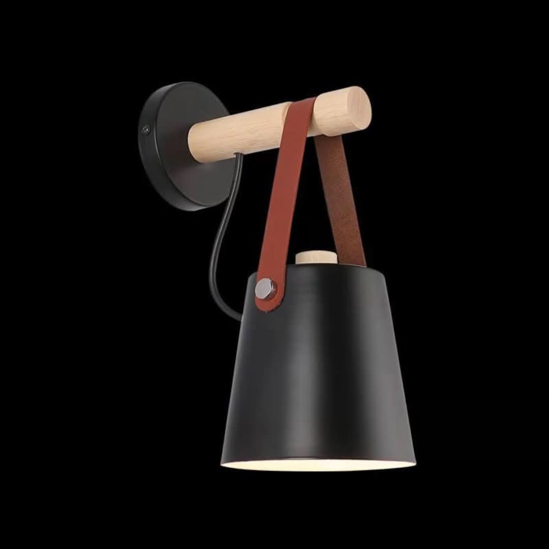 Brazo de madera: lámpara de pared con pantalla de lámpara de hierro y brazo de madera-Wall light-VyFlair