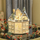 Wooden Advent Calendar with Lights 2025 – Christmas Decoration with Illuminated Village and Countdown Drawers