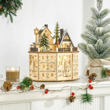 Wooden Advent Calendar with Lights 2025 – Christmas Decoration with Illuminated Village and Countdown Drawers