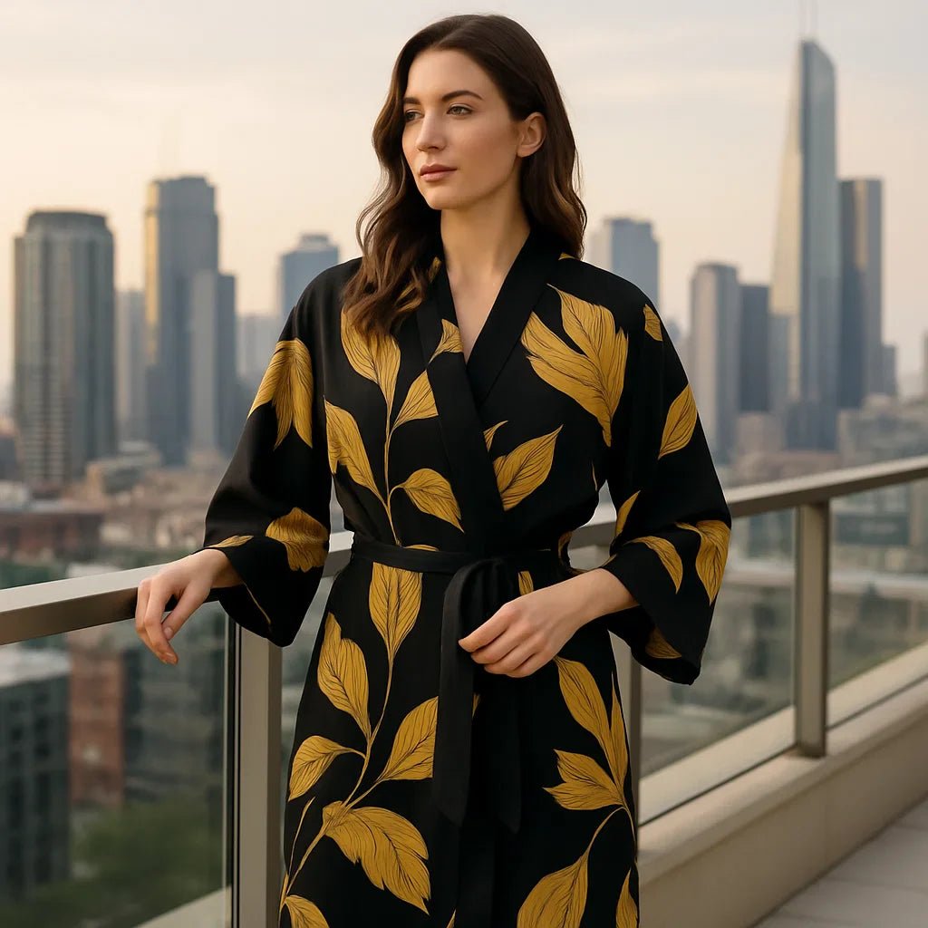 Bata Elegante VelvetAura – Acentos Dorados Relajantes - VyFlair
