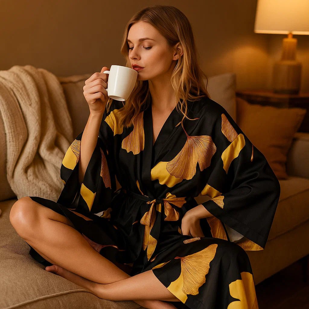 Bata Elegante VelvetAura – Acentos Dorados Relajantes - VyFlair