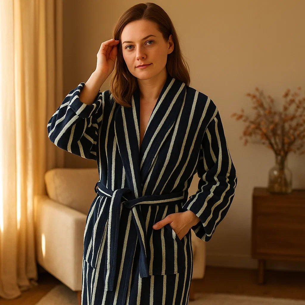 Bata VelvetDawn – Algodón de Lujo con Rayas Elegantes - VyFlair