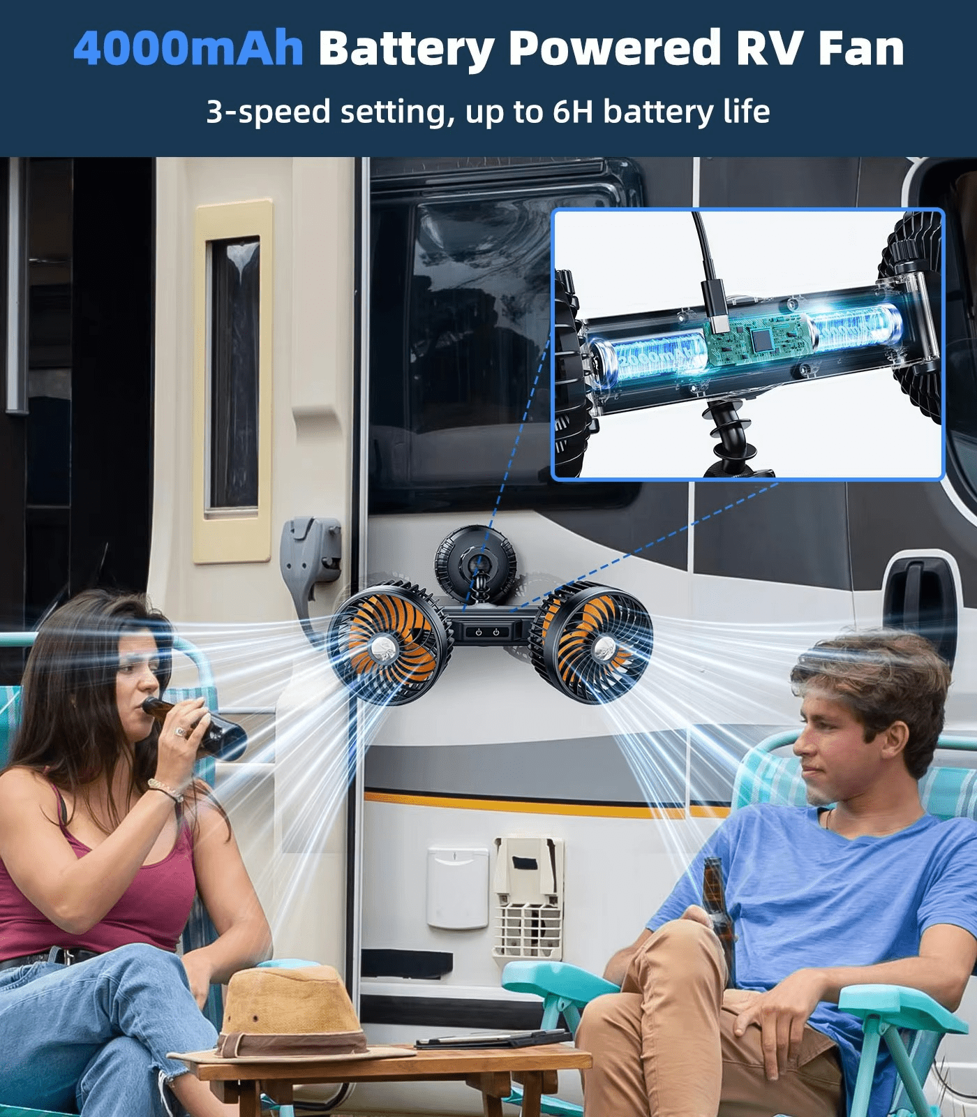 Ventilador Automóvil Doble Cabeza con Ventosa y Batería - VyFlair