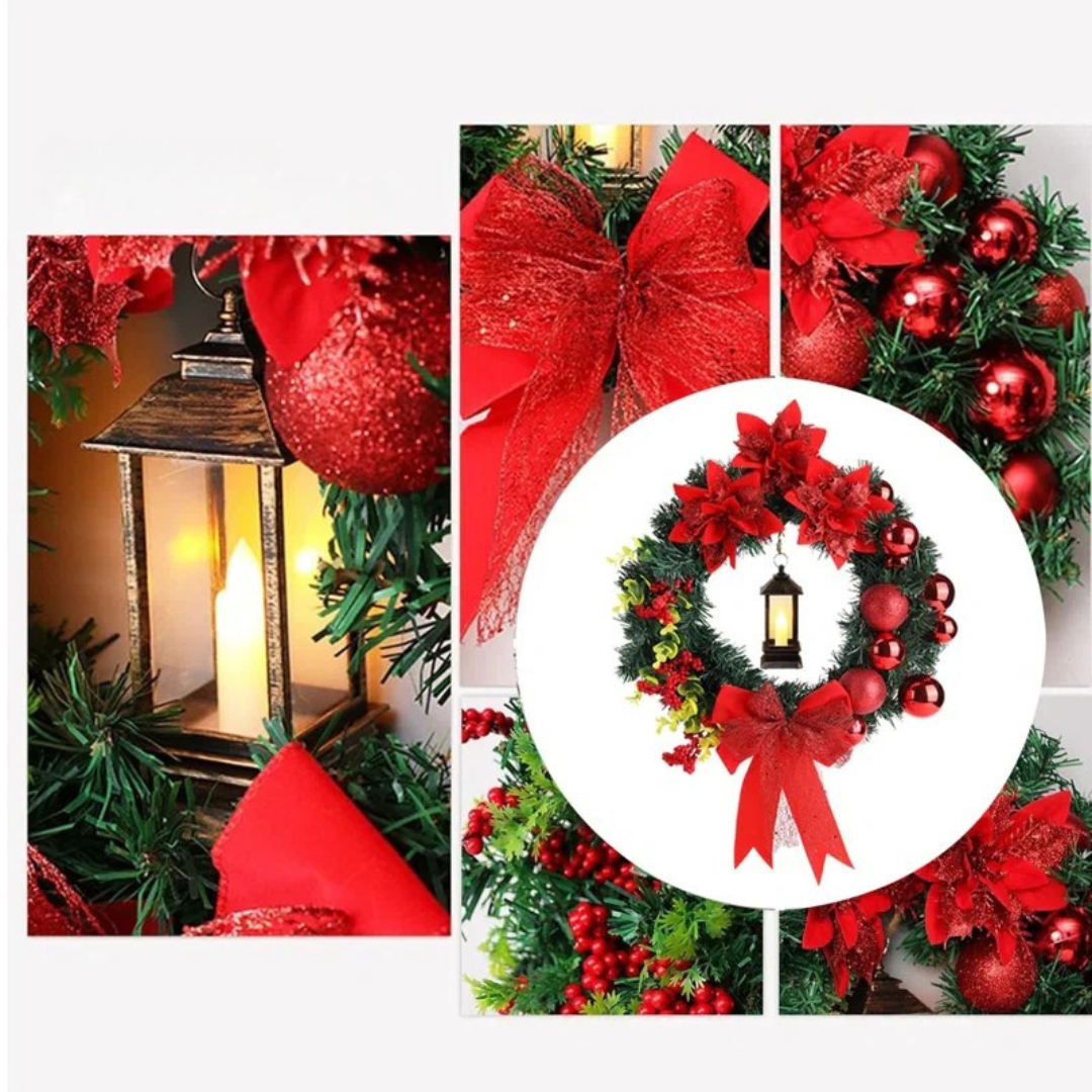 Corona de Navidad con Luces LED – Decoración Festiva con Lazo Rojo Elegante