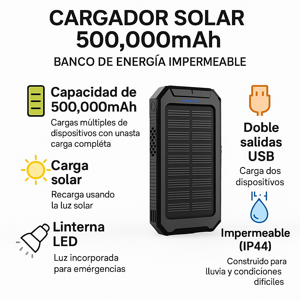 Batería Solar 500000mAh Impermeable Portátil