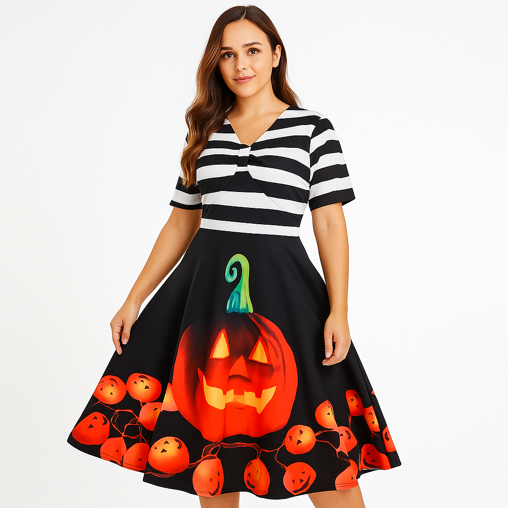 Ropa de Halloween Vintage - Calabaza Impresa - Vestido Midi
