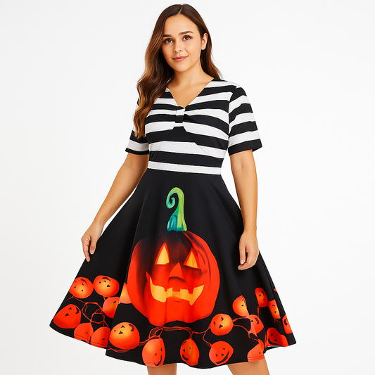 Ropa de Halloween Vintage - Calabaza Impresa - Vestido Midi