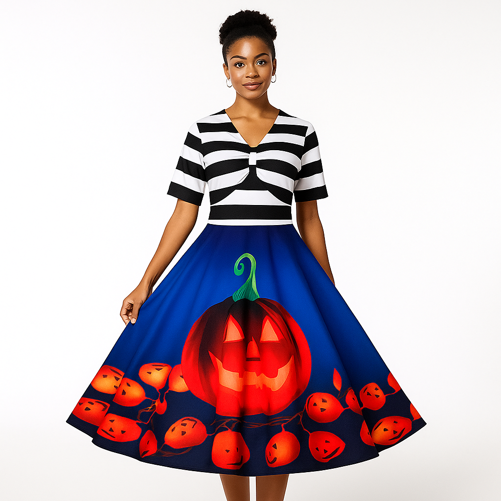 Ropa de Halloween Vintage - Calabaza Impresa - Vestido Midi