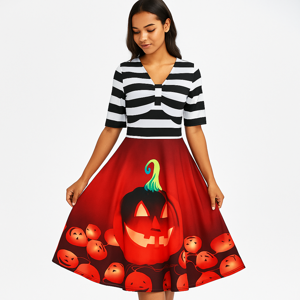 Ropa de Halloween Vintage - Calabaza Impresa - Vestido Midi