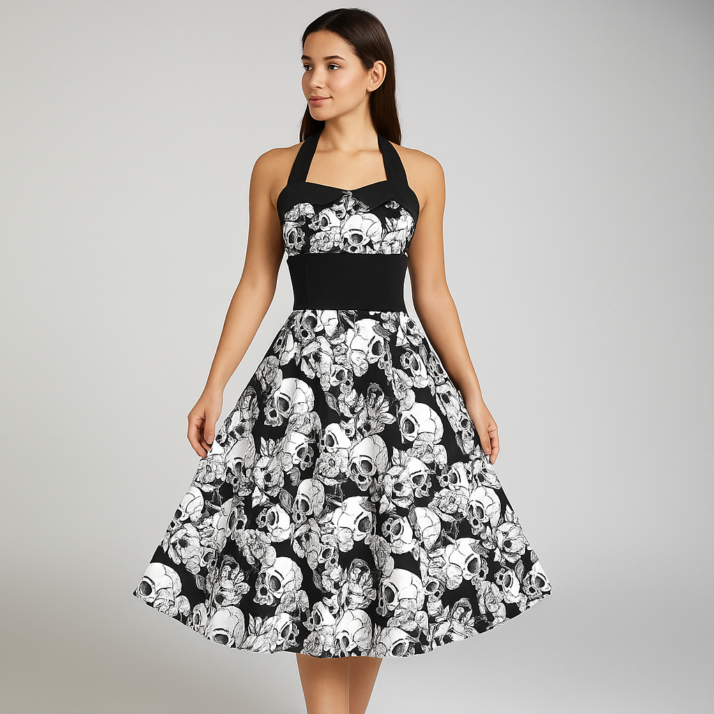 Robe Midi Bettina - Imprimé Tête de Mort - Style Élégant Rebelle