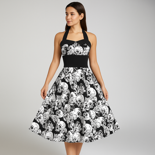Robe Midi Bettina - Imprimé Tête de Mort - Style Élégant Rebelle