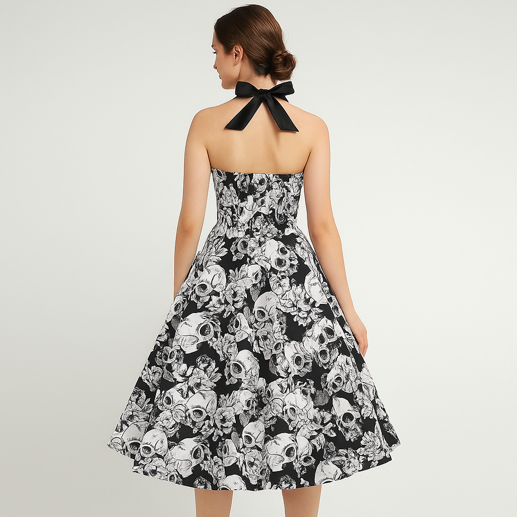 Robe Midi Bettina - Imprimé Tête de Mort - Style Élégant Rebelle