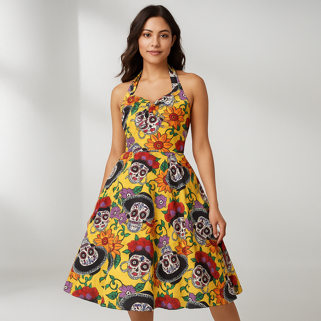 Robe Midi Bettina - Imprimé Tête de Mort - Style Élégant Rebelle