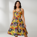 Robe Midi Bettina - Imprimé Tête de Mort - Style Élégant Rebelle