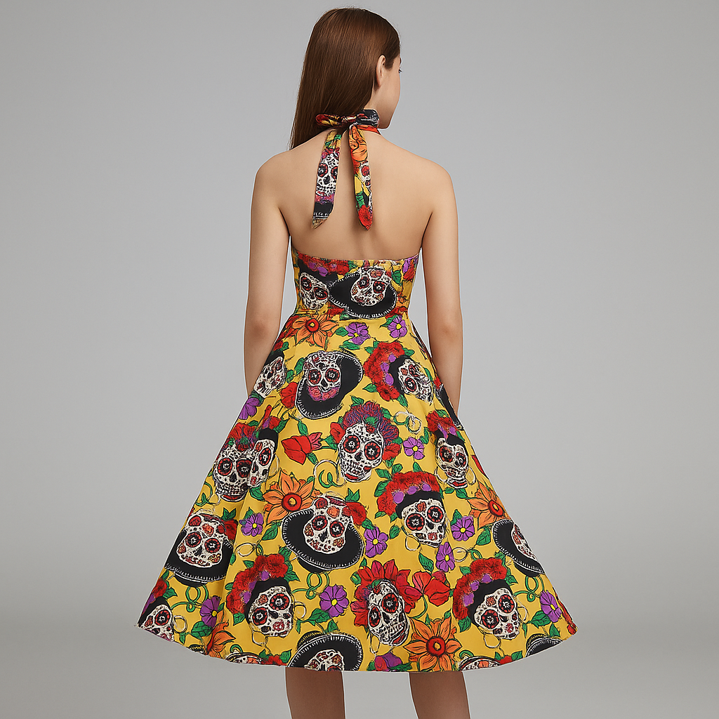 Robe Midi Bettina - Imprimé Tête de Mort - Style Élégant Rebelle