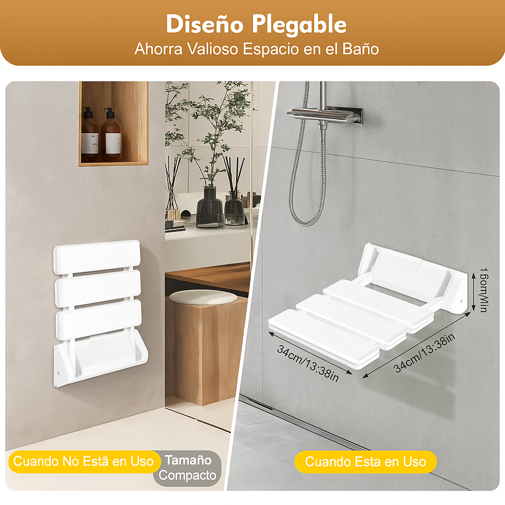 Asiento de ducha plegable - banco seguro montado en pared - ahorro de espacio