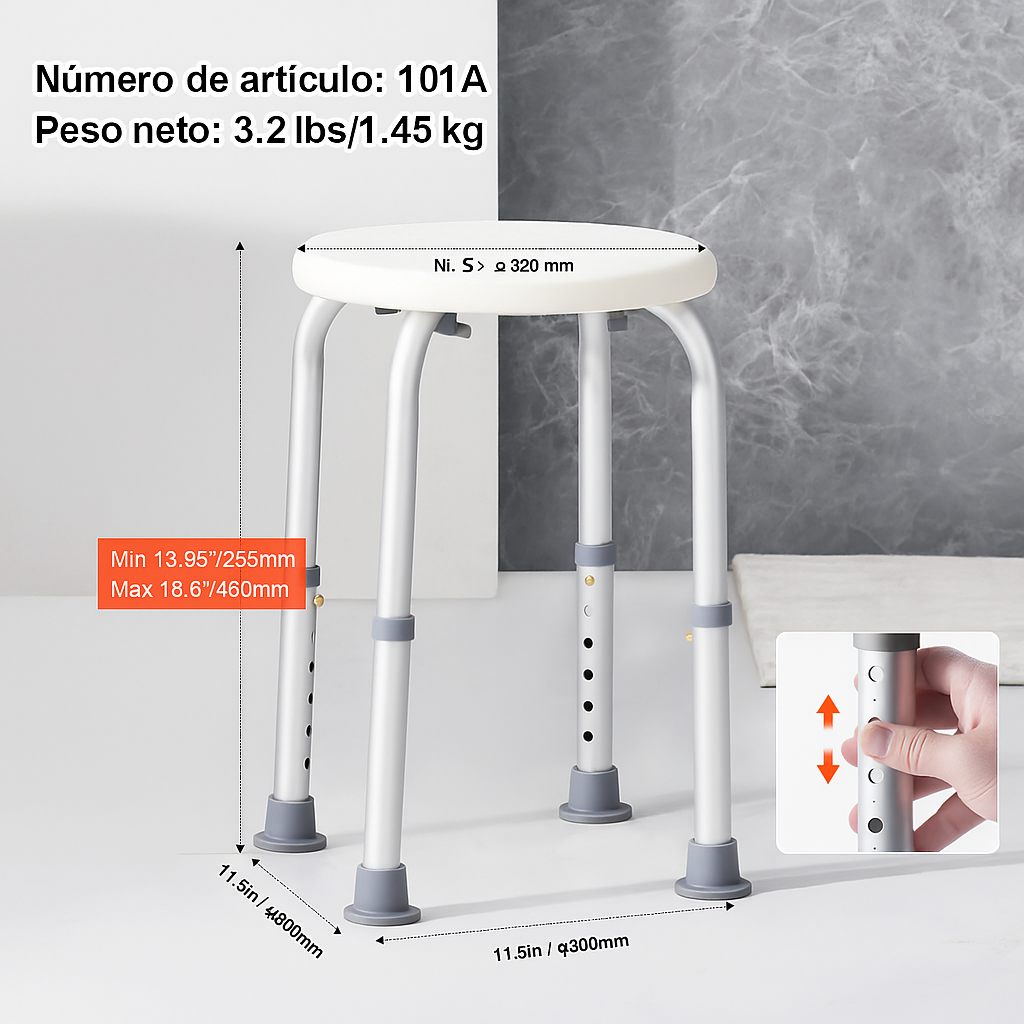 Silla de Ducha Antideslizante Ajustable - Aluminio y PE - Soporta 136 kg