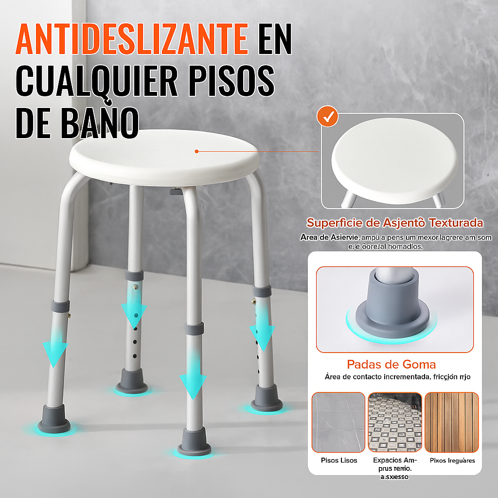 Silla de Ducha Antideslizante Ajustable - Aluminio y PE - Soporta 136 kg