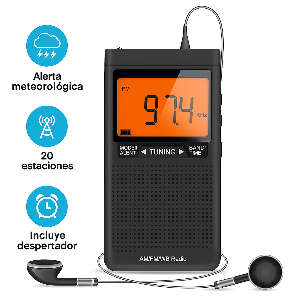 Radio Portátil de Bolsillo AM/FM con Alerta Meteorológica