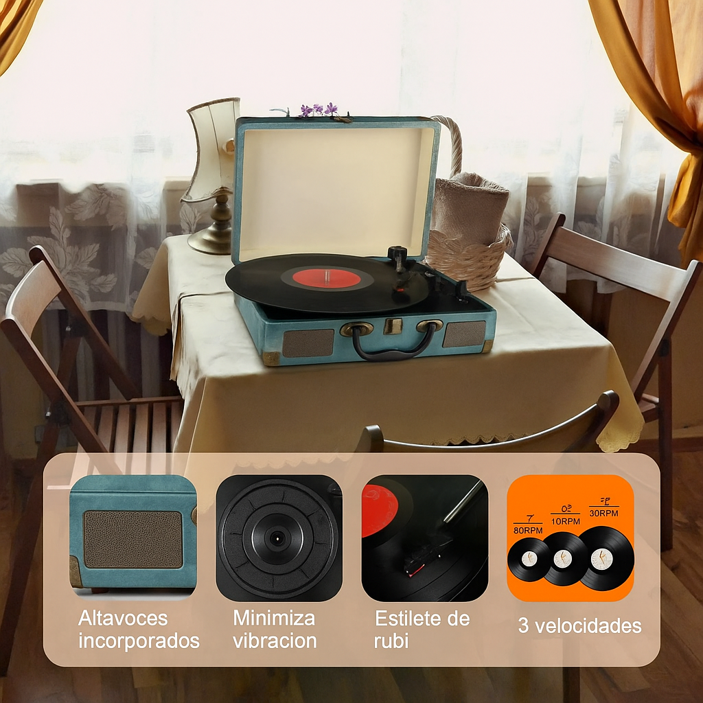 Tocadiscos Vintage Bluetooth 3 Velocidades con Altavoces