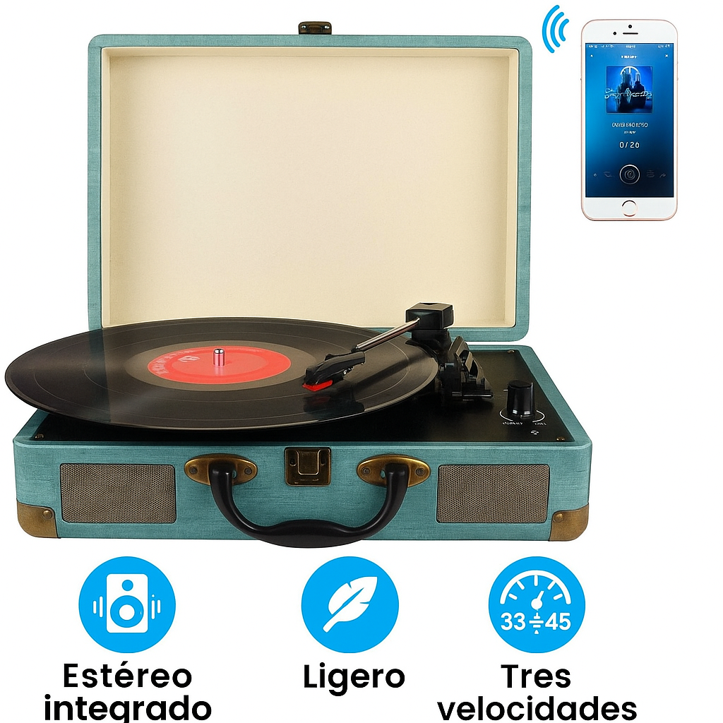 Tocadiscos Vintage Bluetooth 3 Velocidades con Altavoces