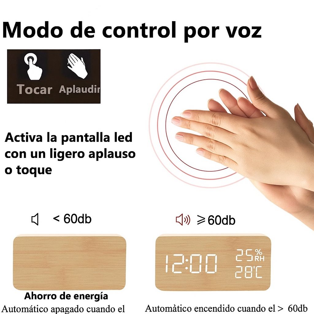 EchoWood Reloj LED de Madera con Control por Voz