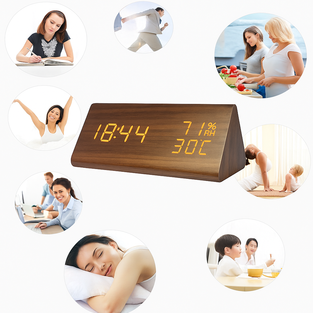 EchoWood Reloj LED de Madera con Control por Voz