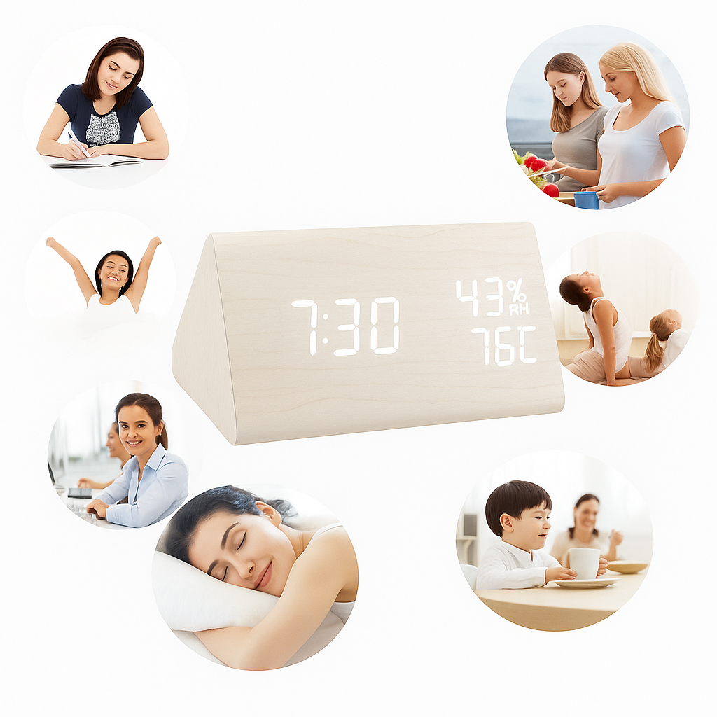 EchoWood Reloj LED de Madera con Control por Voz