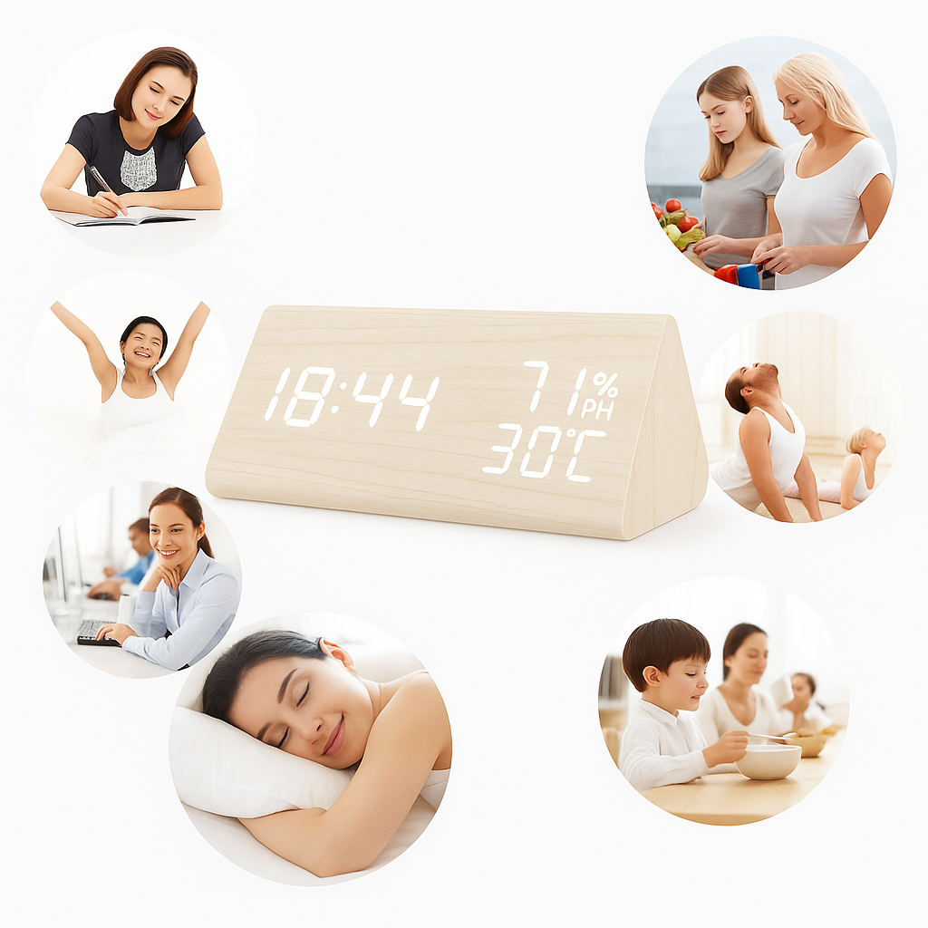 EchoWood Reloj LED de Madera con Control por Voz