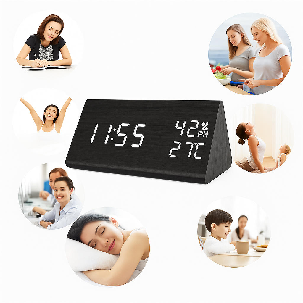 EchoWood Reloj LED de Madera con Control por Voz
