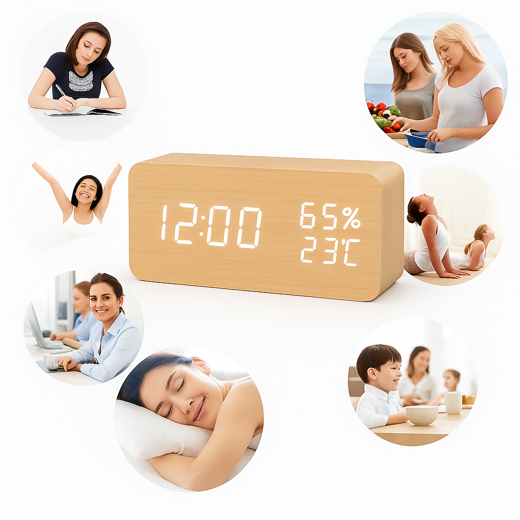 EchoWood Reloj LED de Madera con Control por Voz
