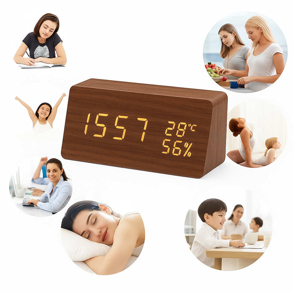 EchoWood Reloj LED de Madera con Control por Voz